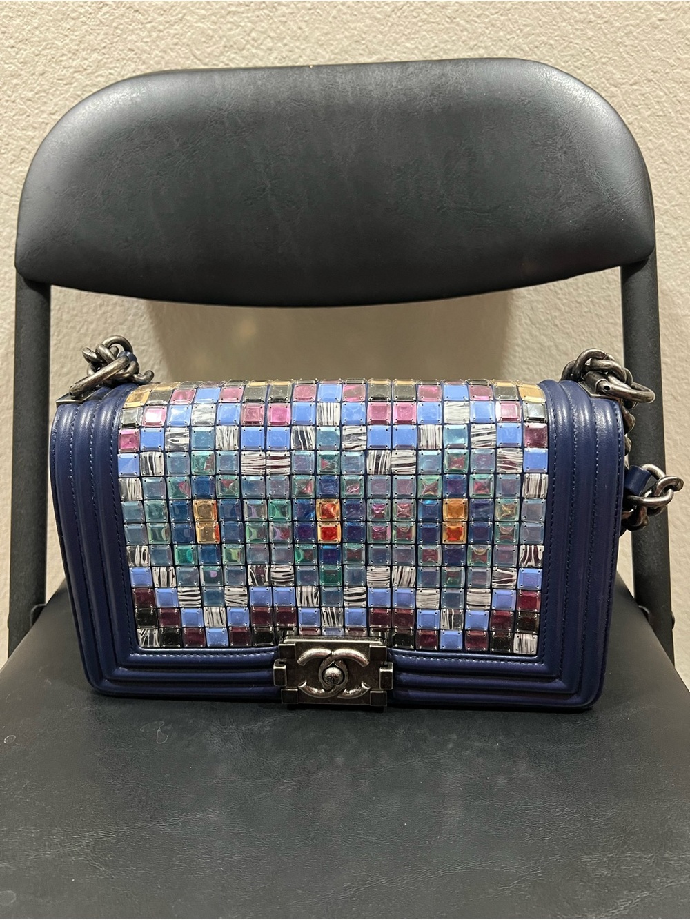 CHANEL Navy Leather Shoulder Bag with Multicolor Mosaic Front